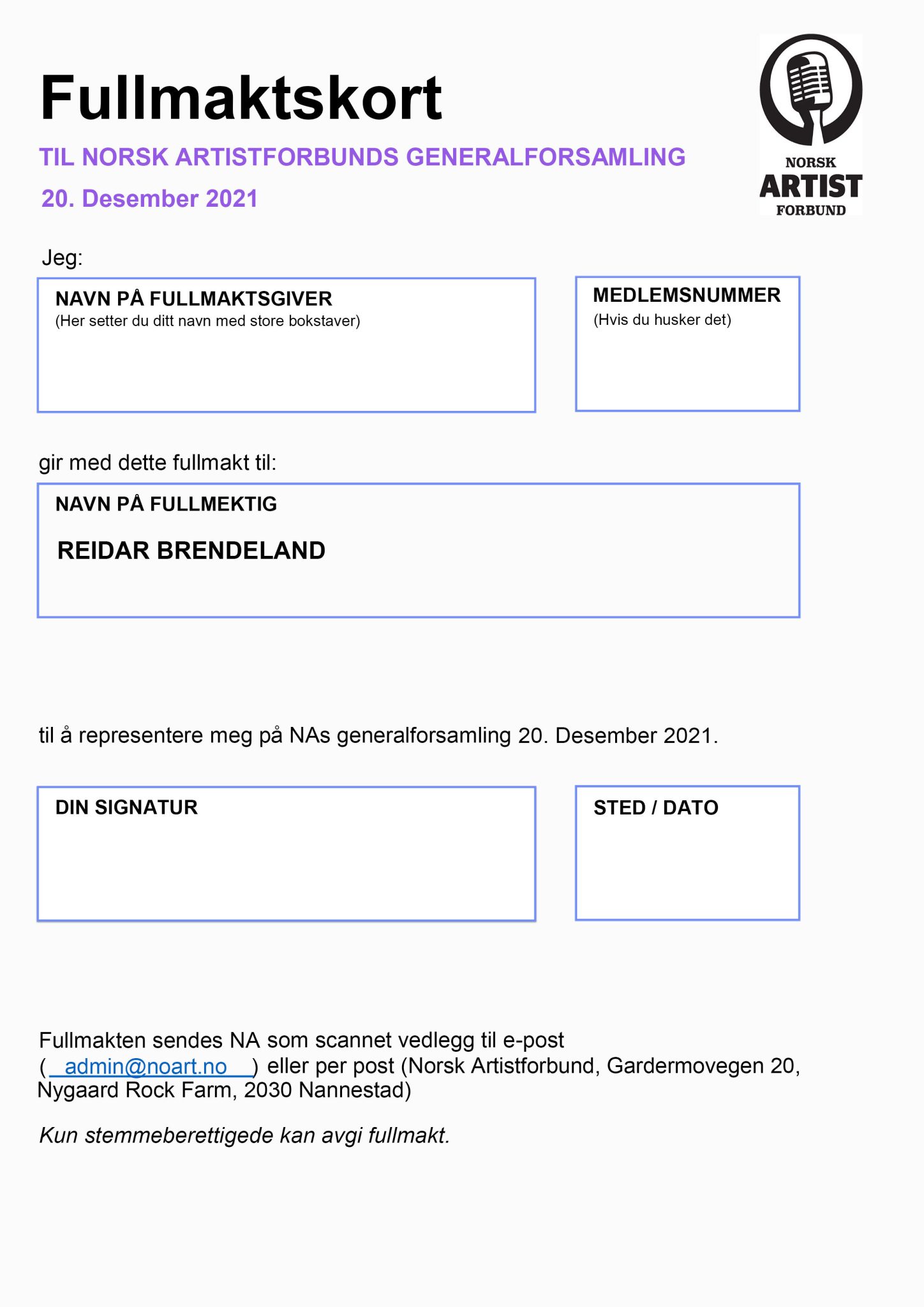 Fullmaktsskjema til generalforsamling 2021 – Norsk Artistforbund